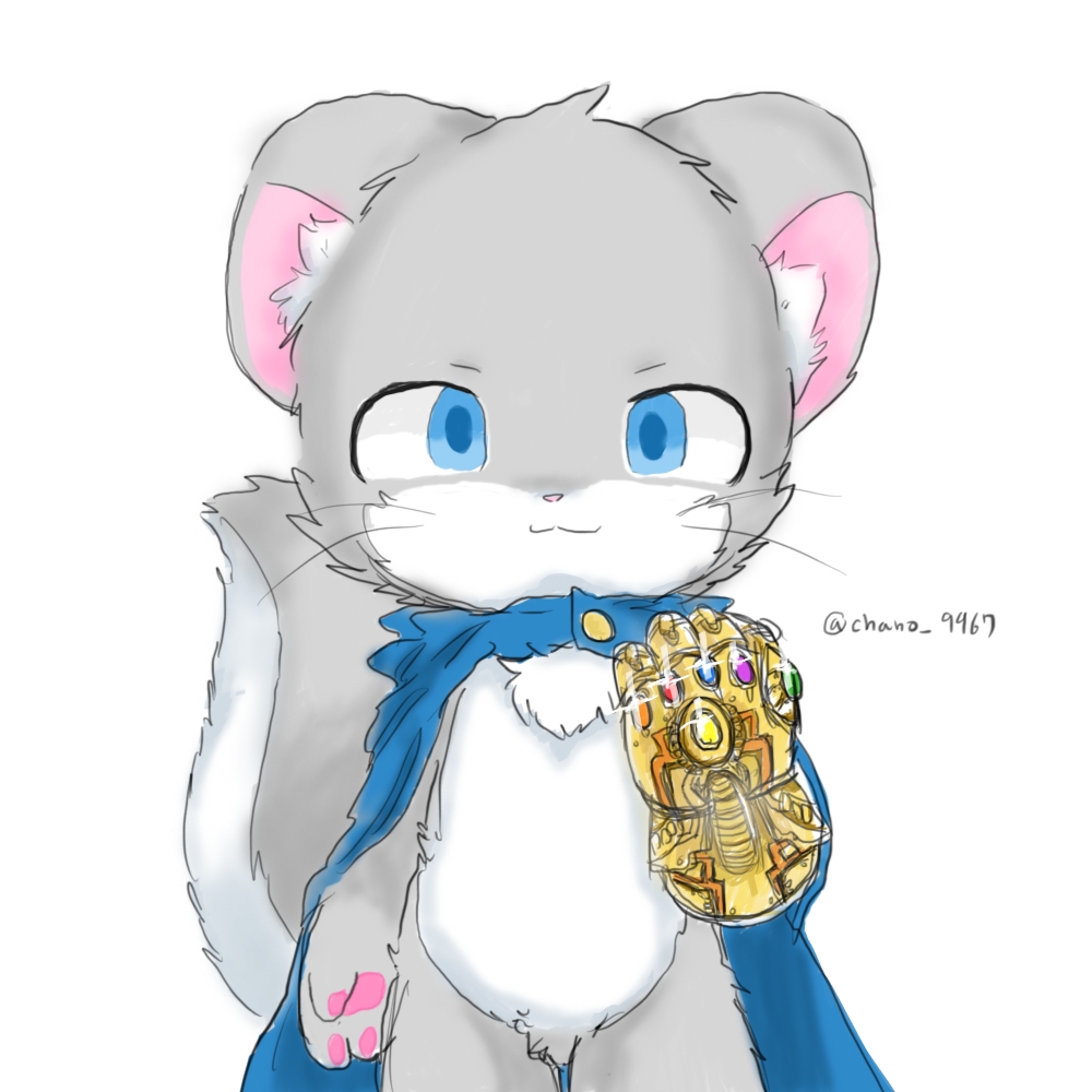 anthro blue_eyes chano chano_(character) chinchilla cloak clothing cub fur grey_fur grey_tail infinity_gauntlet mammal marvel multicolored_fur paws rodent whiskers white_fur young