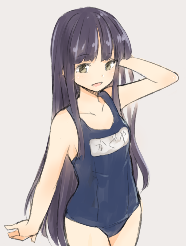 1girl arm_up bangs bare_arms bare_shoulders black_hair blue_swimsuit blunt_bangs breasts collarbone commentary_request cowboy_shot eyebrows_visible_through_hair grey_background grey_eyes hand_in_hair houraisan_kaguya long_hair looking_at_viewer miyo_(ranthath) name_tag one-piece_swimsuit open_mouth school_swimsuit sidelocks simple_background small_breasts smile solo standing swimsuit thighs touhou translation_request very_long_hair