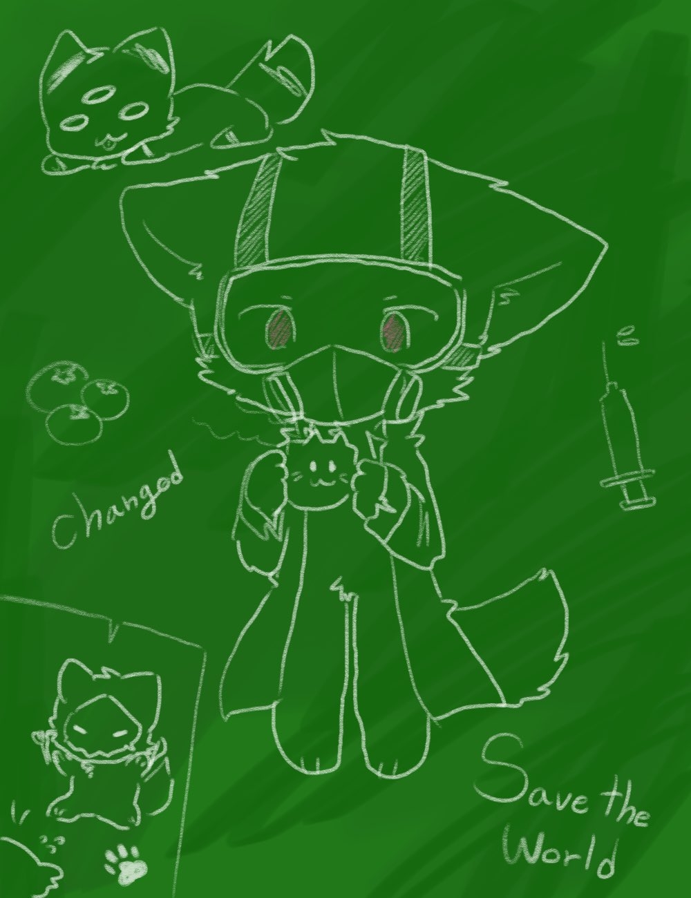 ambiguous_gender anthro blush canid canine canis chalkboard changed_(video_game) chano cloth cub digital_media_(artwork) dr._k_(changed) english_text food fork fruit fur hi_res lin_(changed) lying mammal mask paws puro_(changed) red_eyes standing syringe tangerine_(fruit) text wolf young