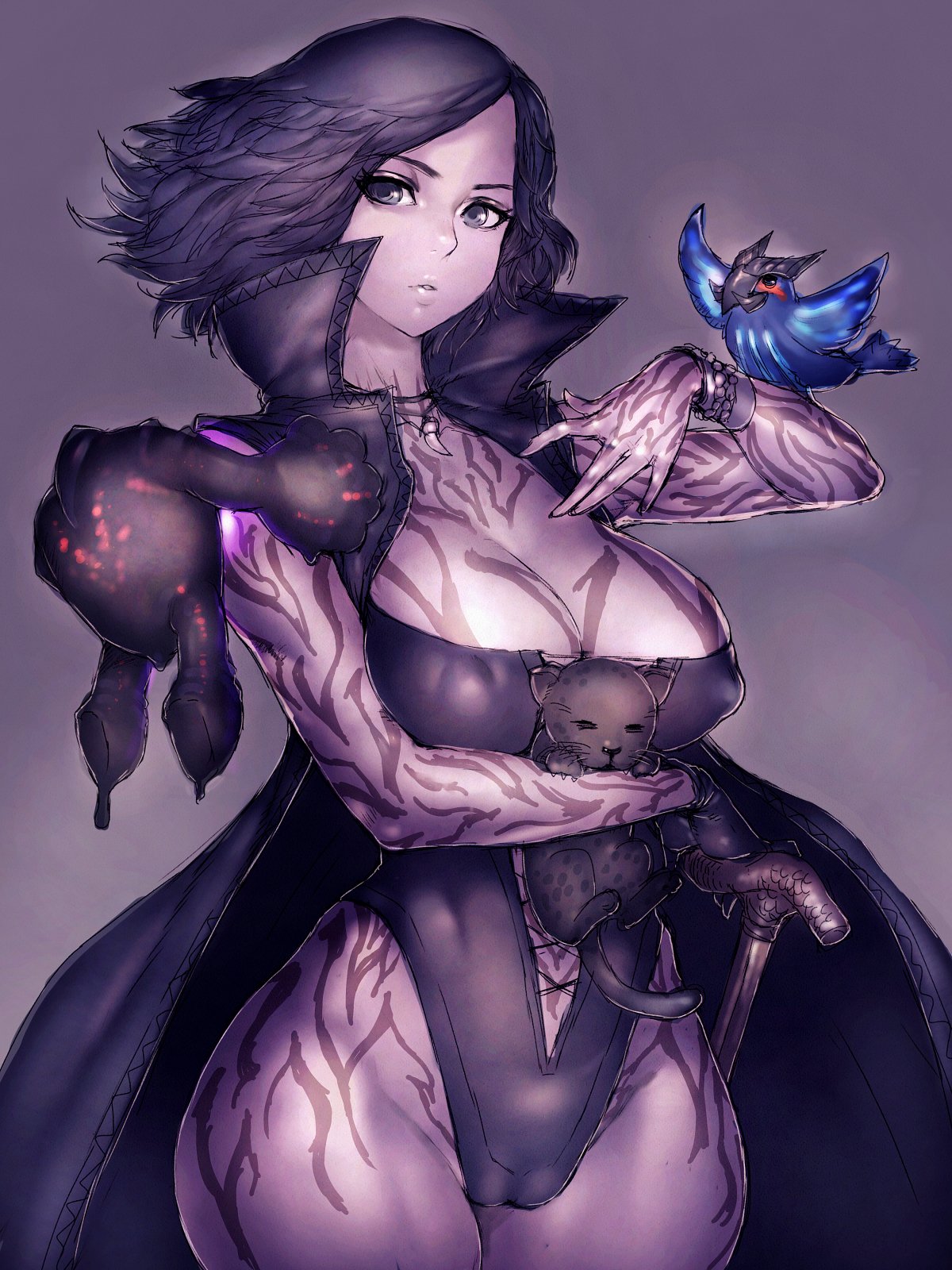 1girl bird black_hair breasts cat commentary devil_may_cry_5 erect_nipples fumio_(rsqkr) genderswap highres large_breasts looking_at_viewer pale_skin purple short_hair solo v_(devil_may_cry) wide_sleeves