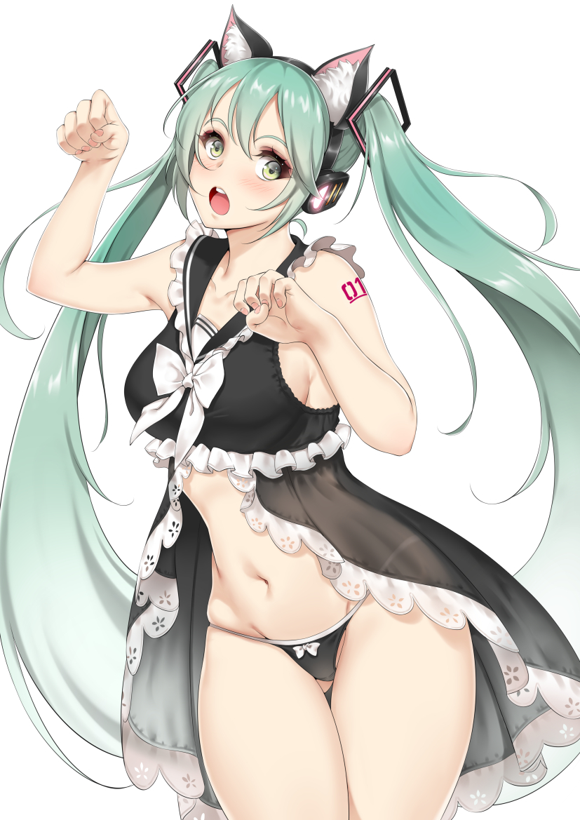 1girl animal_ears babydoll black_panties blush breasts cat_ears green_eyes green_hair handesu hatsune_miku headphones long_hair medium_breasts navel open_mouth panties paw_pose see-through solo twintails underwear very_long_hair vocaloid white_background