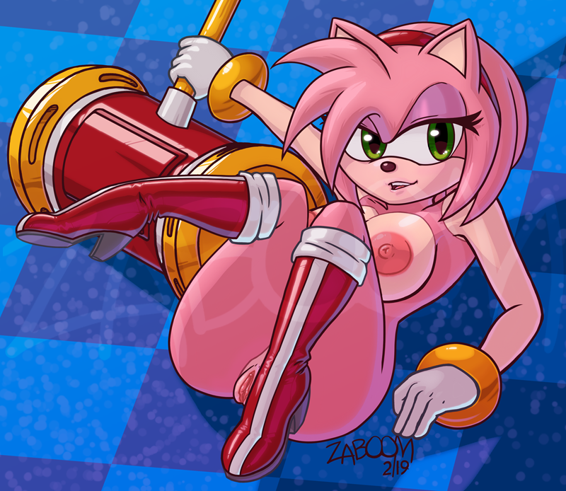 2019 amy_rose anthro areola arm_support big_areola big_breasts boots bracelet breasts clothing eulipotyphlan eyelashes footwear gloves green_eyes hairband half-closed_eyes hedgehog high_heels holding_object holding_weapon jewelry legs_up mammal mostly_nude nipples open_mouth piko_piko_hammer pussy reclining shoes sonic_(series) watermark weapon zaboom