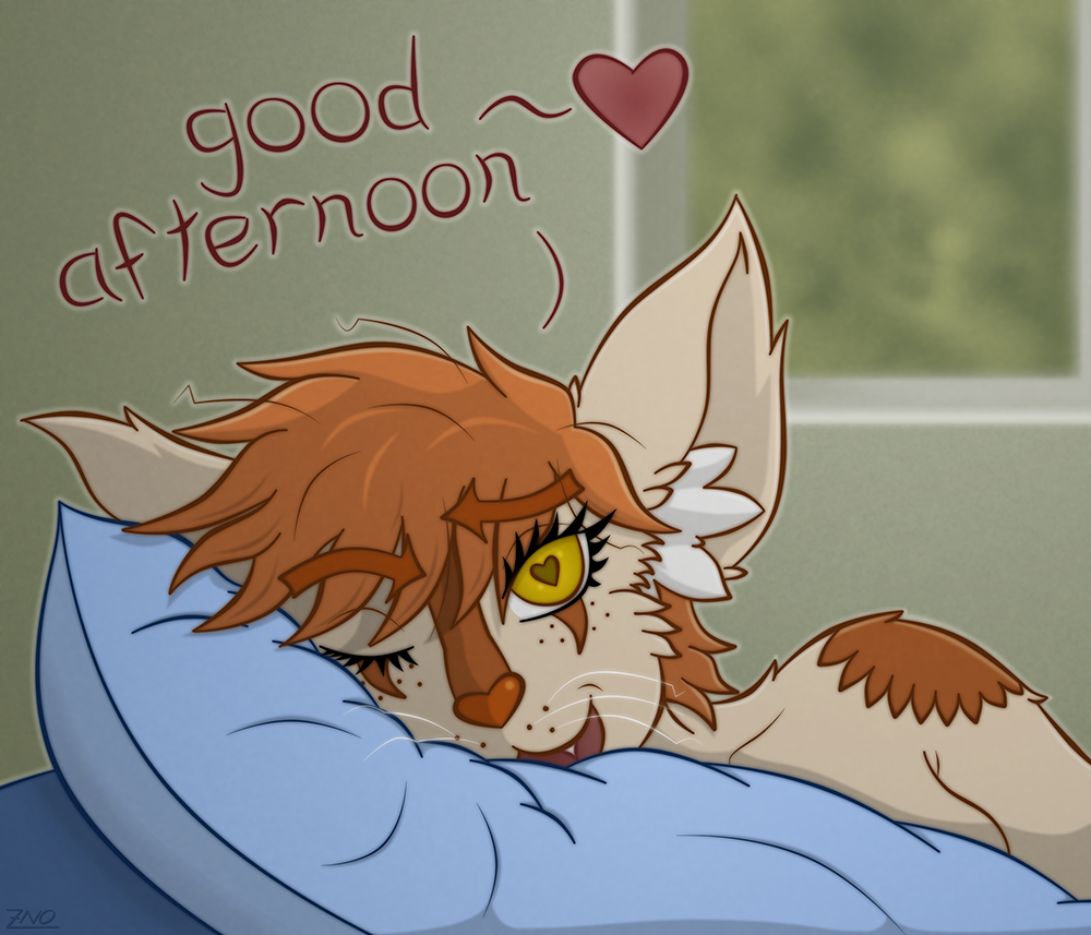 &lt;3 &lt;3_eyes &lt;3_nose 2019 anthro badger bed breasts brown_fur cute_fangs digital_media_(artwork) eyelashes fangs female freckles fur hair hybrid inner_ear_fluff looking_at_viewer lying mammal markings mustelid musteline nude one_eye_closed open_mouth orange_hair orange_nose pillow smile solo text whiskers window yellow_eyes zoelnoone_(artist)