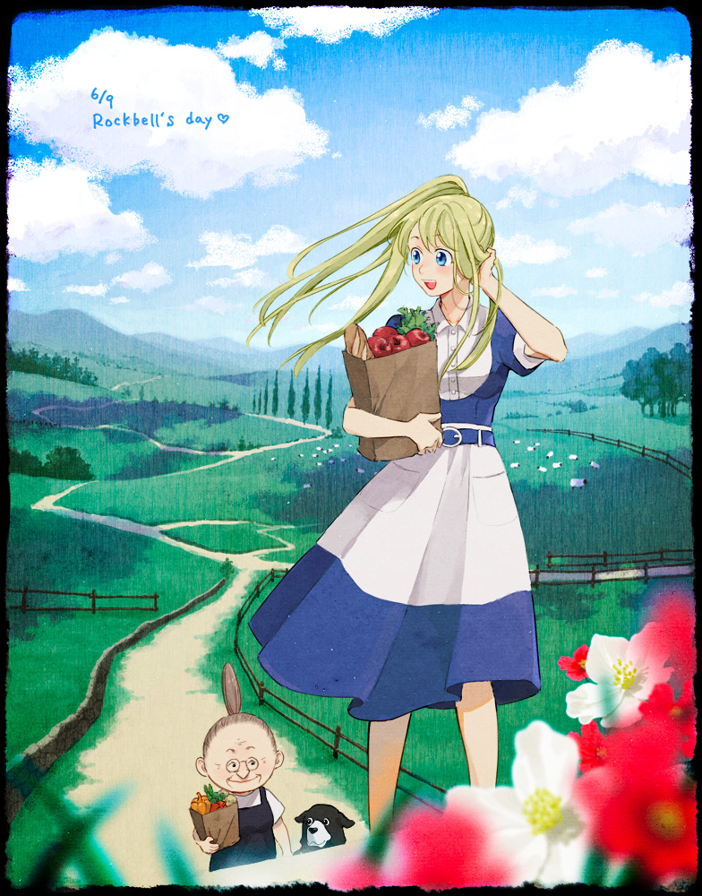 2girls :d animal apple bag baguette bare_legs belt black_border blonde_hair blue_dress blue_eyes blue_sky blurry border bread brick_wall carrying carrying_bag cloud cloudy_sky dated day den_(fma) depth_of_field dog dress dress_lift fence floating_hair flower food fruit fullmetal_alchemist grandmother_and_granddaughter grass hanayama_(inunekokawaii) hand_in_hair happy horizon long_hair looking_away mountain multiple_girls nature open_mouth outdoors pinako_rockbell ponytail red_flower scenery sheep sky smile tree upper_teeth vegetable white_flower wind wind_lift winry_rockbell