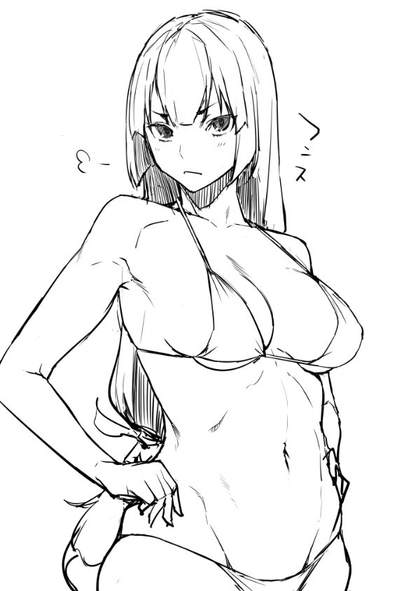 1girl breasts closed_mouth greyscale groin hands_on_hips long_hair looking_at_viewer low-tied_long_hair medium_breasts monochrome navel obmas_(pfeito) original simple_background sketch solo string_bikini v-shaped_eyebrows white_background