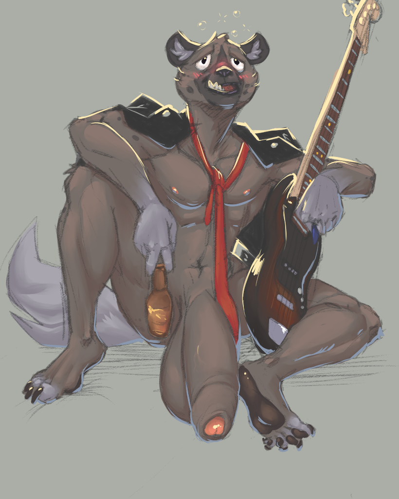 aggressive_retsuko alcohol anthro balls bass_guitar beverage big_balls big_penis blush bottle bottomless clothed clothing drunk flaccid foreskin haida huge_balls huge_penis humanoid_penis hyaenid male mammal musical_instrument necktie partially_retracted_foreskin penis sanrio solo spotted_hyena uncut velrizoth