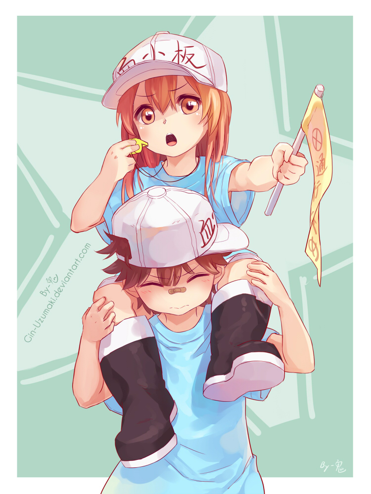 1boy 1girl bandaid bandaid_on_nose baseball_cap blush boots brown_eyes brown_hair carrying eyes_closed hat hataraku_saibou kyouran_de_onikoushi long_hair open_mouth platelet_(hataraku_saibou) shorts shoulder_carry whistle