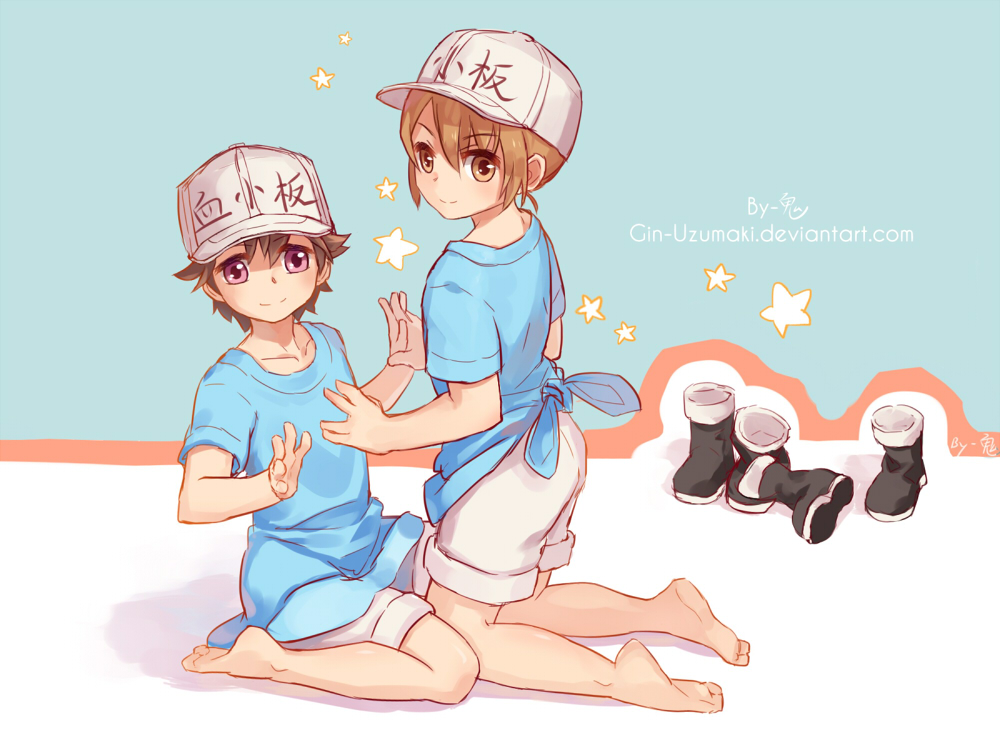 2boys barefoot baseball_cap boots_removed brown_eyes brown_hair footwear_removed hat hataraku_saibou kyouran_de_onikoushi looking_at_viewer male_focus multiple_boys platelet_(hataraku_saibou) shorts smile