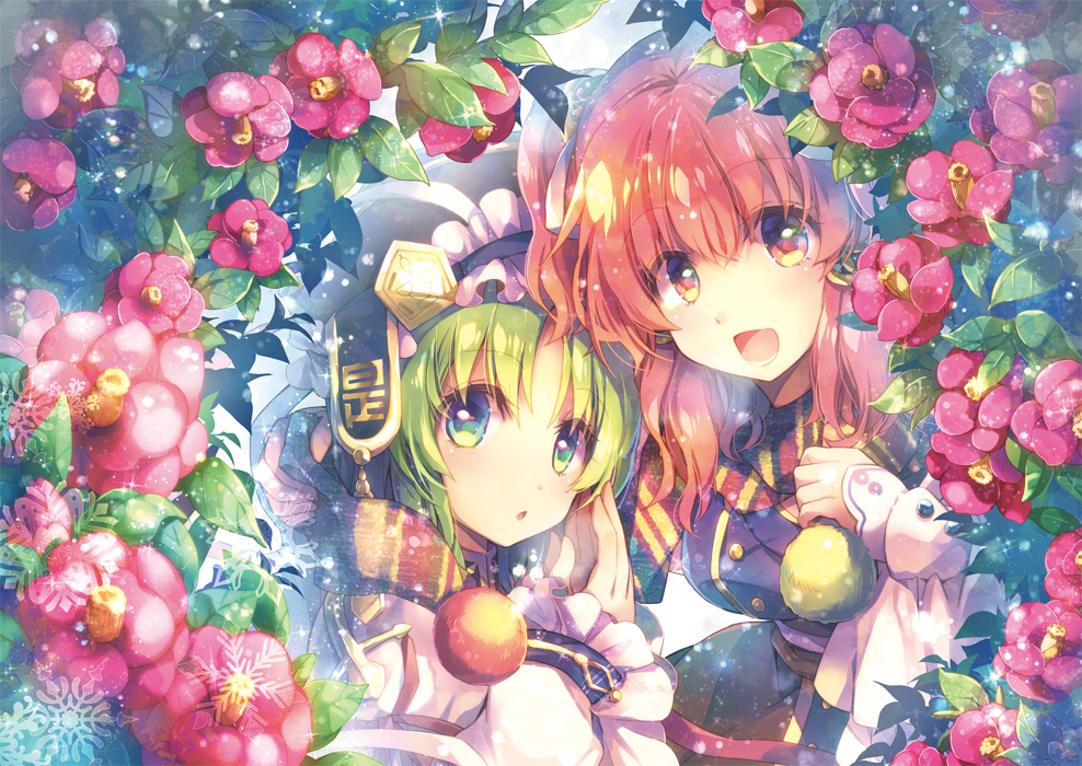 2girls commentary_request eyebrows_visible_through_hair floral_background green_eyes green_hair hair_between_eyes holding looking_at_viewer multiple_girls onozuka_komachi open_mouth red_eyes red_hair scarf shiki_eiki shiny shiny_hair smile touhou yamadori_ofuu