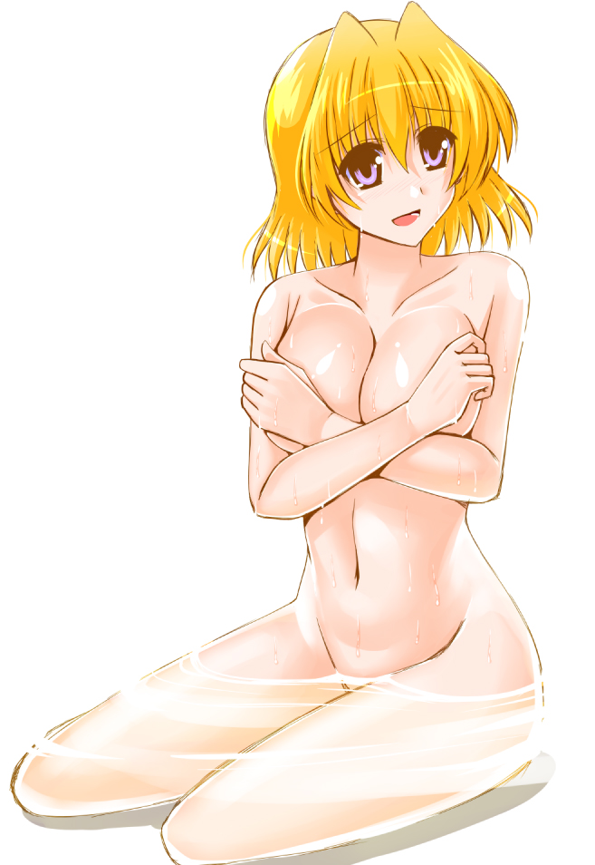 1girl blonde_hair breast_hold breasts cleavage commentary_request covering covering_breasts engo_(aquawatery) hair_intakes large_breasts lyrical_nanoha mahou_shoujo_lyrical_nanoha mahou_shoujo_lyrical_nanoha_a's navel nude open_mouth partially_submerged purple_eyes shamal short_hair simple_background smile solo water white_background