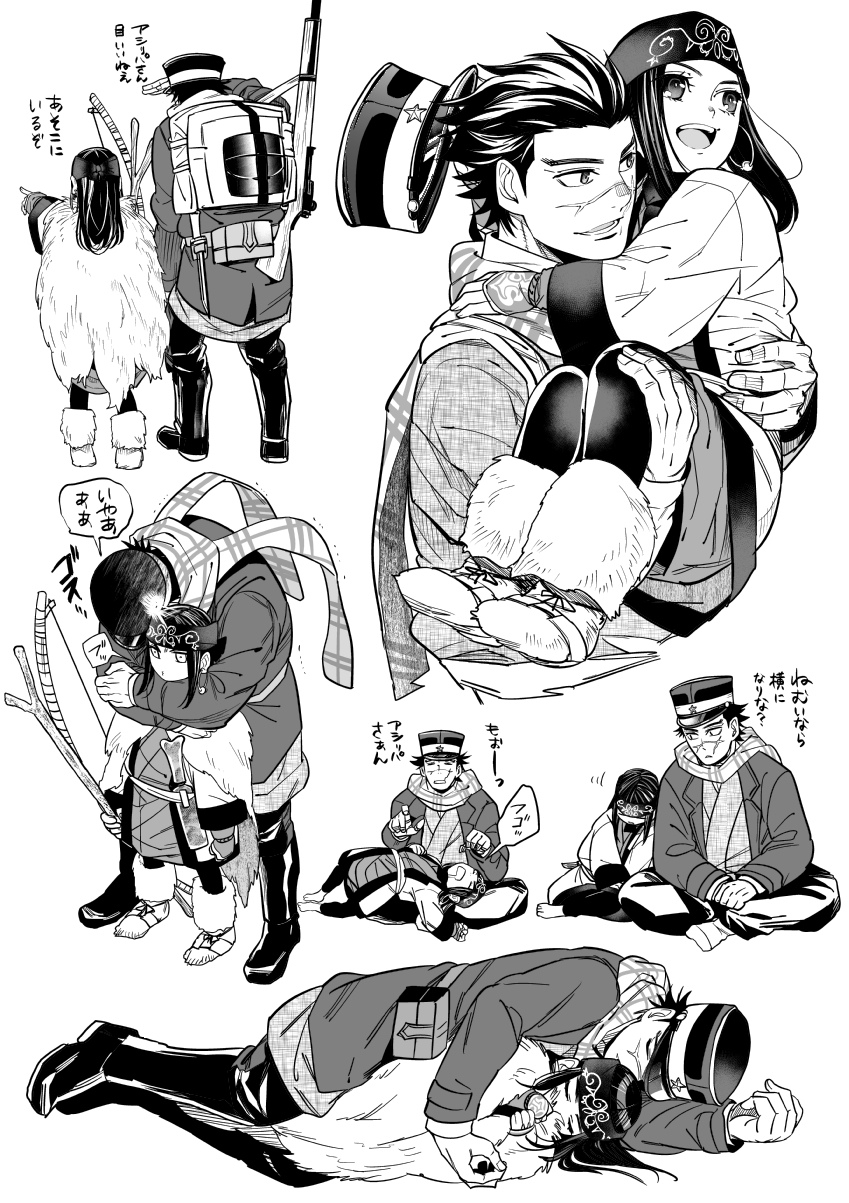 1boy 1girl ainu ainu_clothes asirpa asu_(asoras) back backpack bag bandanna boots bow_(weapon) cape carrying coat earrings facial_scar fingerless_gloves fur_boots fur_cape gloves golden_kamuy greyscale gun hair_slicked_back hat hat_removed headwear_removed highres hoop_earrings indian_style jewelry long_hair long_sleeves looking_afar lying military_hat monochrome multiple_views on_lap on_side open_mouth pants pointing princess_carry rifle satchel scar scarf short_hair simple_background sitting sleeping sleeping_on_person smile snoring speech_bubble spooning stick straight_hair sugimoto_saichi weapon white_background wide_sleeves