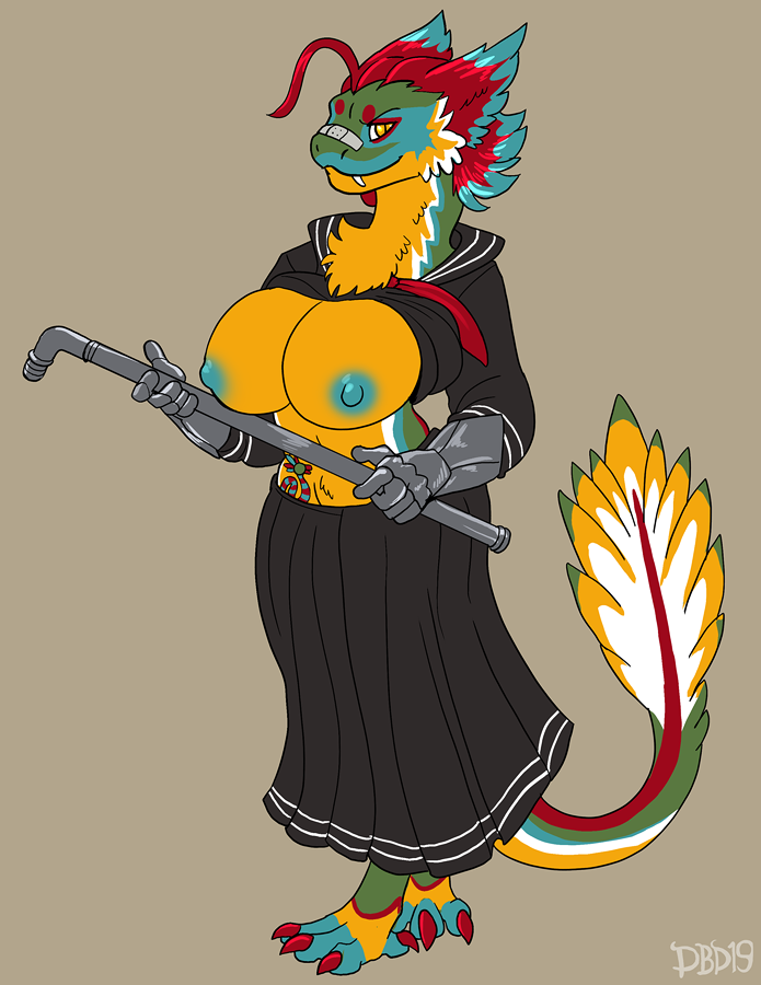 anthro big_breasts breasts dbd feathered_serpent feathers female looking_at_viewer nipples quetzalcoatl reptile scalie smile snake solo standing