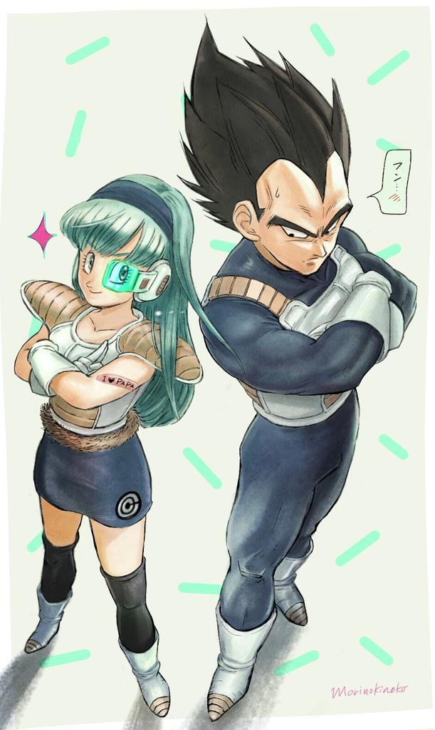 &gt;:) 1boy 1girl alternate_costume aqua_hair armor bangs black_eyes black_hair black_legwear blue_bodysuit blue_eyes blue_hairband blue_skirt blunt_bangs blush bodysuit boots bra_(dragon_ball) capsule_corp closed_mouth collarbone commentary_request crossed_arms dragon_ball dragonball_z father_and_daughter from_above frown full_body gloves grey_background hairband leg_warmers long_hair looking_at_another looking_back morinokinoko_db neck nervous older pencil_skirt saiyan scouter serious shadow shiny shiny_hair short_hair side-by-side simple_background skirt smile sparkle speech_bubble spiked_hair standing sticker sweatdrop tail translation_request twitter_username v v-shaped_eyebrows vegeta white_footwear white_gloves