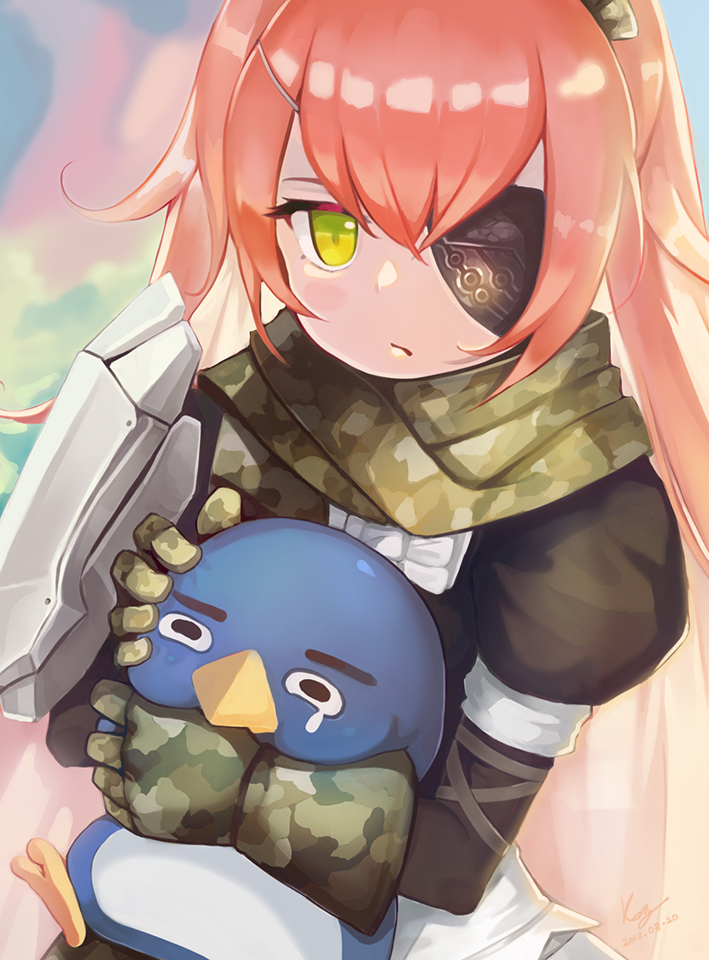 1girl animal animal_hug armor bird camouflage cz2128_delta eyepatch gloves green_eyes green_gloves kuroishi_(pixiv17837171) long_hair long_sleeves looking_at_viewer maid maid_headdress overlord_(maruyama) penguin pink_hair puffy_long_sleeves puffy_sleeves scarf solo tears