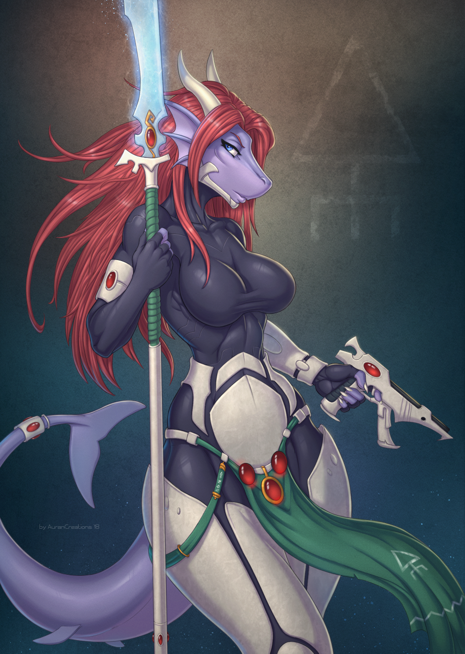 2019 5_fingers anthro aurancreations blue_eyes clothed clothing dirii female fish hair hi_res holding_object holding_weapon marine red_hair shark solo standing weapon