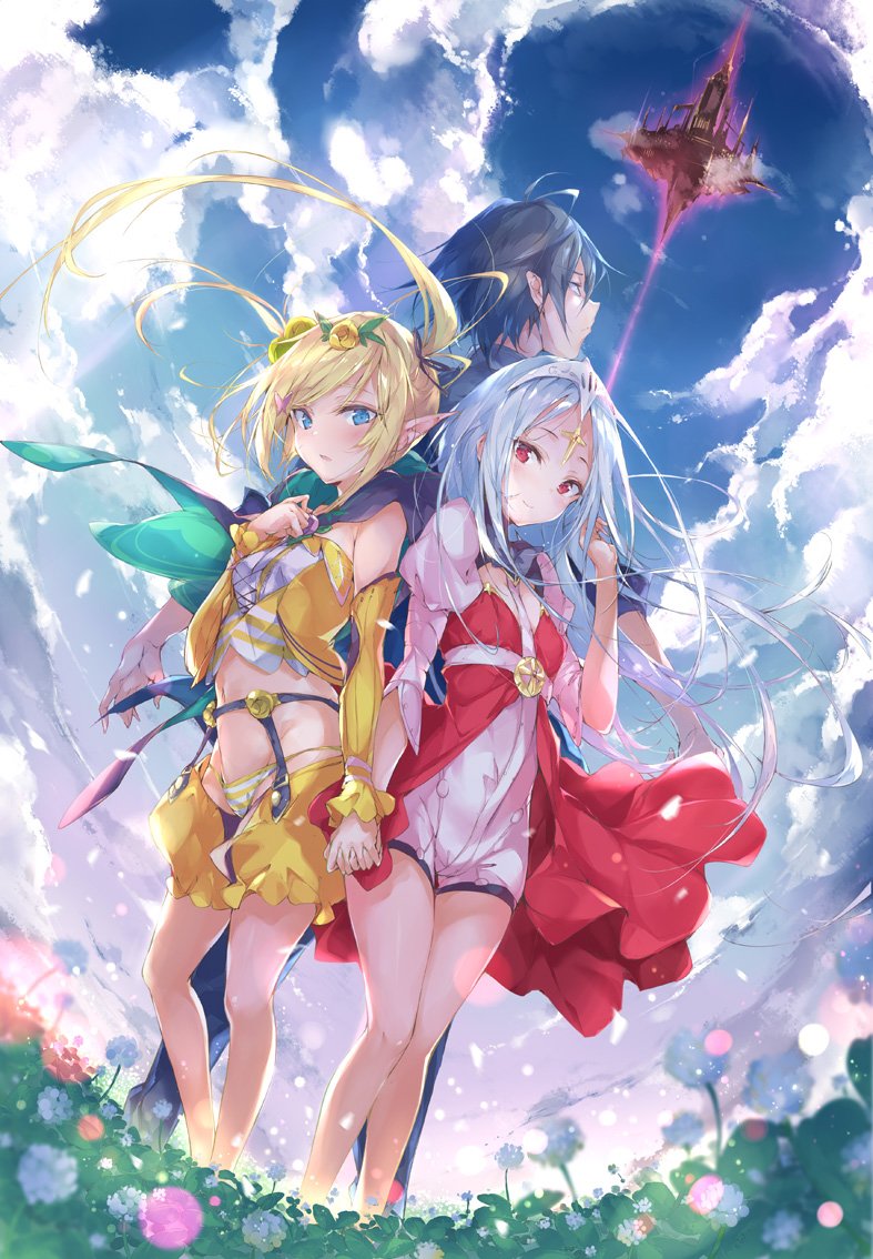 1boy 2girls back-to-back black_hair black_ribbon blonde_hair blue_eyes blue_hair blue_sky blush castle cloud cloudy_sky day detached_sleeves dress elf floating_island flower frilled_sleeves frills groin hair_flower hair_ornament hair_ribbon hand_holding hand_in_hair hand_on_own_chest juliet_sleeves lens_flare light_frown light_particles long_hair long_sleeves looking_at_viewer multiple_girls navel open_mouth original outdoors petals plant pointy_ears puffy_sleeves pulp_piroshi red_dress red_eyes ribbon shirt short_dress short_jumpsuit shorts sky sleeveless sleeveless_shirt standing striped_bikini_bottom tiara twintails wind yellow_bikini_bottom yellow_shirt yellow_shorts yellow_sleeves