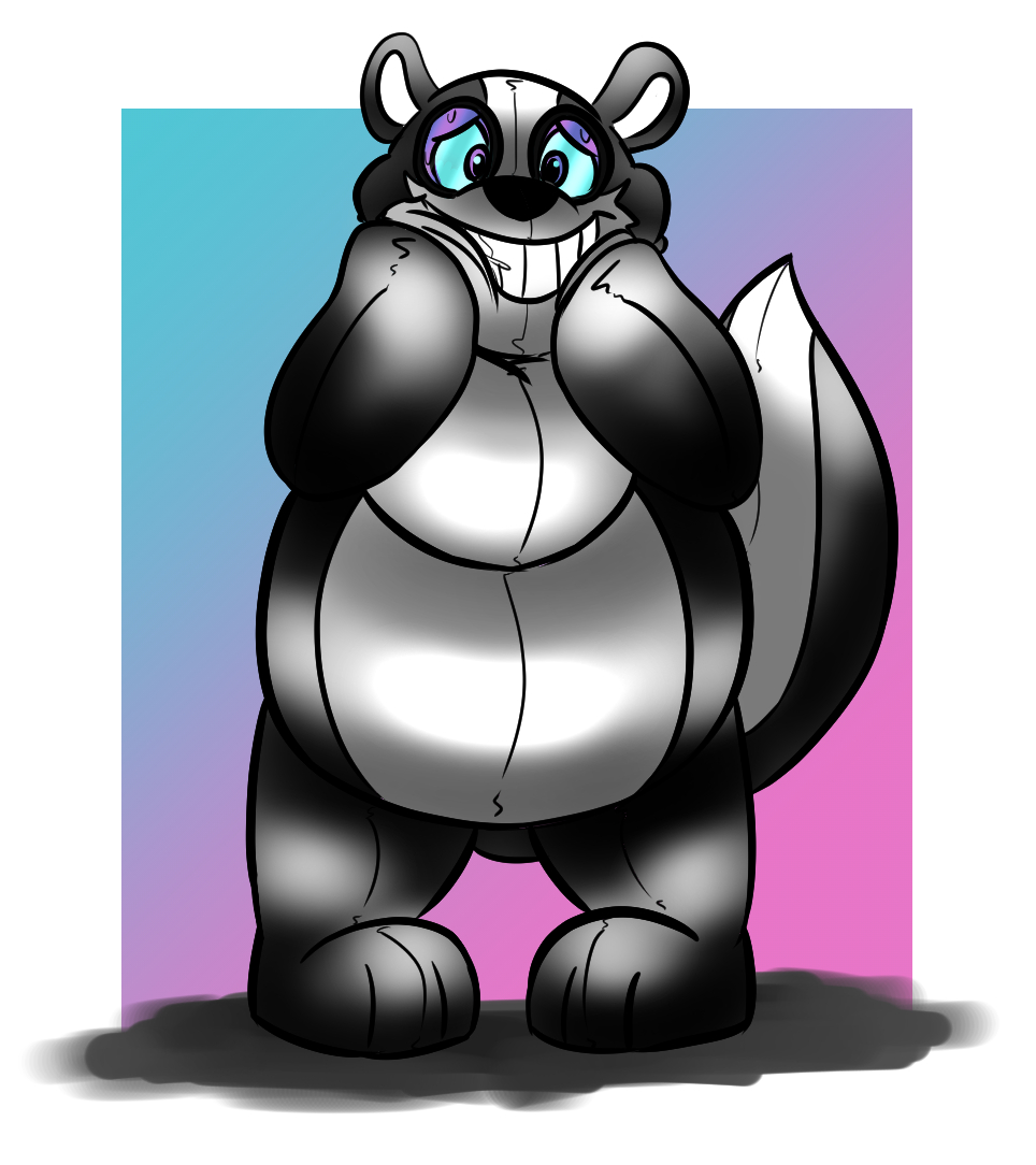 2019 abstract_background anthro august_(meowmcmeow) black_nose clothing costume digital_drawing_(artwork) digital_media_(artwork) male mammal mephitid panapoliz pink_eyes rubber shiny simple_background skunk smile solo standing sweat teeth