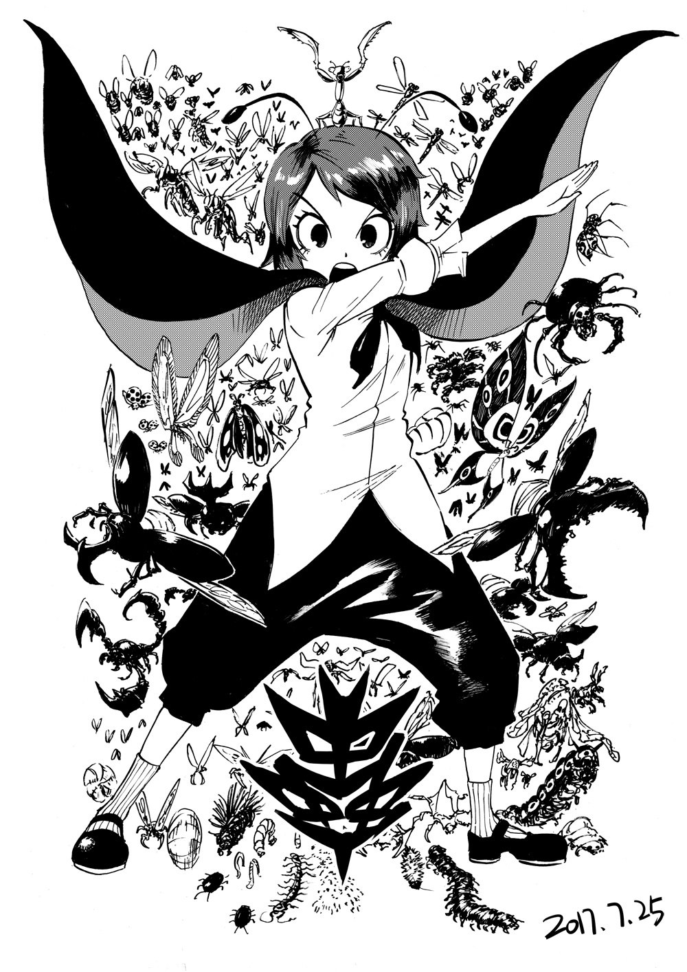 1girl angry antennae bee black_footwear blackcat_(pixiv) bug butterfly cape centipede clenched_hand dated dragonfly dress_shirt eyebrows_visible_through_hair fly greyscale highres insect ladybug looking_at_viewer mary_janes millipede monochrome mosquito open_mouth pose praying_mantis scorpion serious shirt shoes short_hair short_sleeves shorts socks spider touhou v-shaped_eyebrows white_background worms wriggle_nightbug