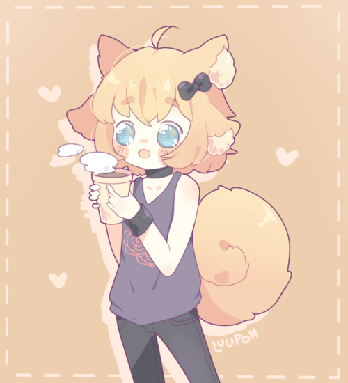 animal_humanoid beverage blonde_hair blue_eyes canid canid_humanoid canine canine_humanoid canis coffee cup dog_humanoid domestic_dog hair humanoid luupon mammal open_mouth ribbons short_hair tea