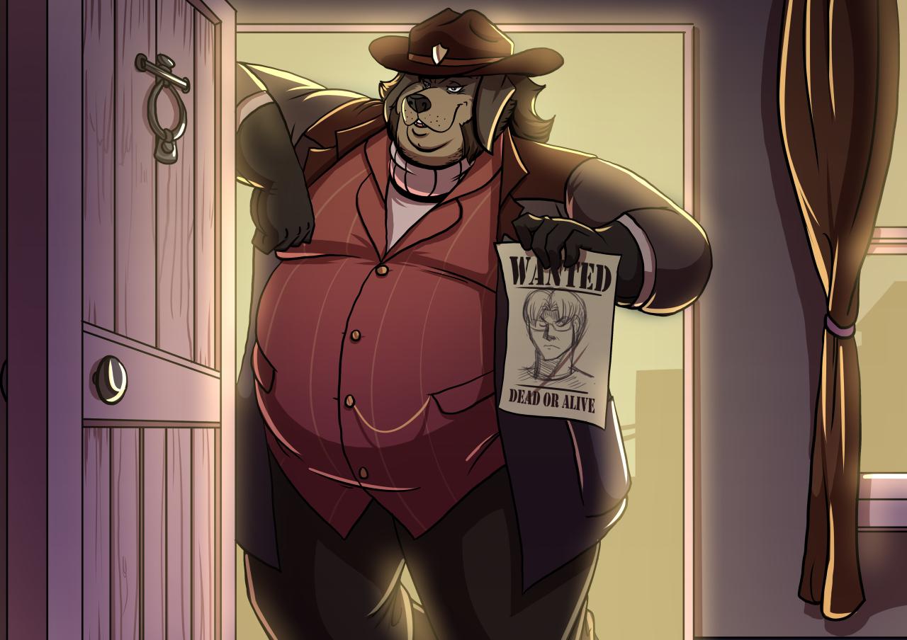 anthro canid canine canis clothing domestic_dog door gloves hat jacket jeans male mammal marshall_(state_of_flux) open_mouth overweight overweight_male pants renat_(state_of_flux) sheriff shirt state_of_flux volkenfox wanted_poster