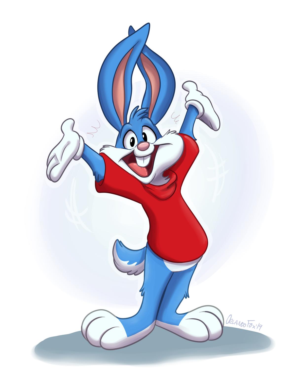 2019 ambiguous_gender anthro blue_fur bottomless buster_bunny by-nc-nd clothed clothing creative_commons digital_media_(artwork) fur hi_res lagomorph mammal orlandofox rabbit simple_background tiny_toon_adventures warner_brothers young