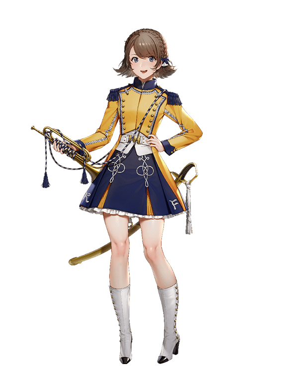 1girl :d blue_bow boots bow braid brown_hair dress epaulettes eugene_caron eyebrows_visible_through_hair full_body hair_bow hand_on_hip high_heel_boots high_heels instrument looking_at_viewer official_art open_mouth purple_eyes quuni scabbard scimitar seijo_senki sheath short_hair simple_background smile solo standing sword transparent_background trumpet weapon white_footwear yellow_dress