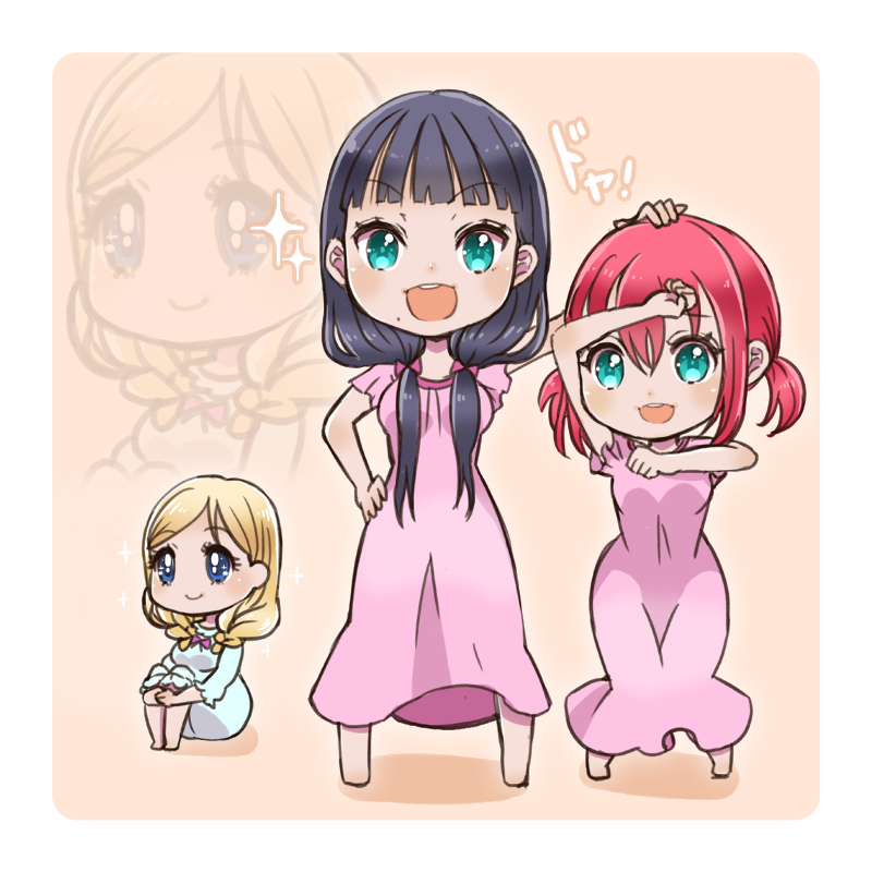 3girls :d aqua_eyes bangs barefoot black_hair blonde_hair blue_eyes blue_nightgown blunt_bangs blush bow braid clenched_hands commentary_request hair_bow hand_on_another's_head hand_on_hip knees_up kurosawa_dia kurosawa_ruby long_hair love_live! love_live!_sunshine!! low_twintails mole mole_under_mouth morimaiko multiple_girls nightgown ohara_mari open_mouth pink_bow pink_nightgown pose red_hair sidelocks sitting smile sparkle standing tan_background twin_braids twintails zoom_layer