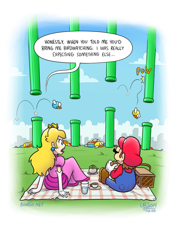 ... avian bird blonde_hair blue_feathers brown_hair clothing cloud crown dress english_text facial_hair feathers female flappy_bird hair hat human human_focus male mammal mario mario_bros mustache nintendo pipe princess_peach red_feathers sky text thebourgyman video_games warp_pipe white_feathers yellow_feathers