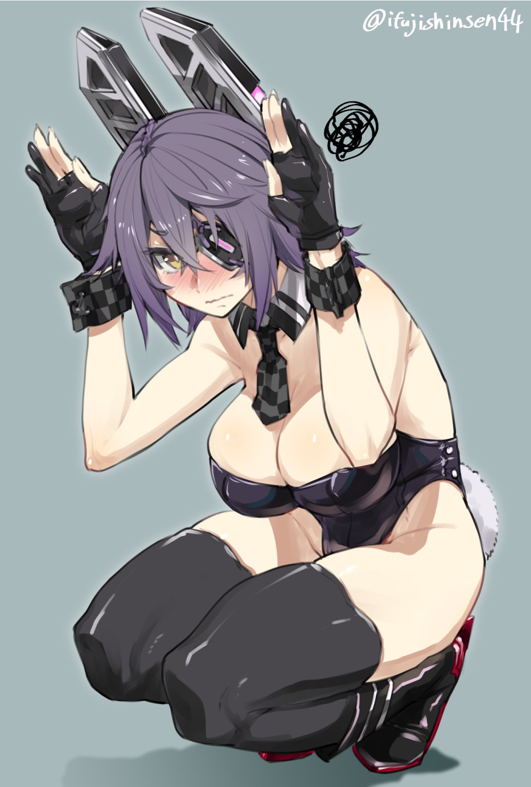 1girl arms_up bangs bare_shoulders black_legwear black_leotard blush breasts bunny_pose bunny_tail bunnysuit checkered checkered_neckwear cleavage closed_mouth commentary_request detached_collar embarrassed eyebrows_visible_through_hair eyepatch gloves hair_between_eyes headgear highres ifuji_shinsen kantai_collection large_breasts leotard looking_at_viewer necktie partly_fingerless_gloves purple_hair short_hair solo squatting strapless strapless_leotard tail tenryuu_(kantai_collection) thighhighs wavy_mouth wrist_cuffs yellow_eyes