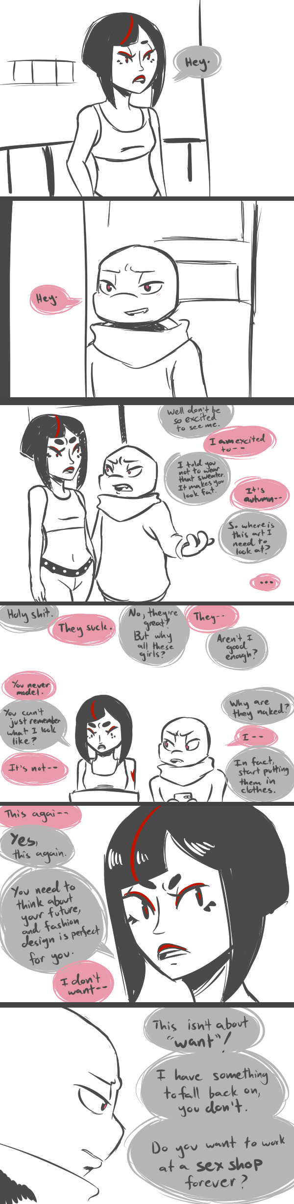 2019 absurd_res anthro clothed clothing comic crop_top dialogue duo english_text female hi_res human inkyfrog karai lipstick makeup male mammal midriff navel partially_colored raphael_(tmnt) red_eyes red_lipstick reptile scalie shell shirt simple_background speech_bubble tank_top teenage_mutant_ninja_turtles text turtle white_background