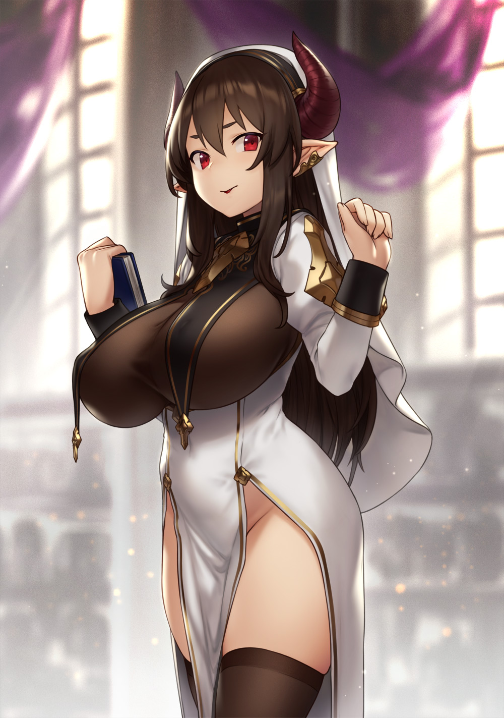 2019 big_breasts black_hair book breasts butt clothed clothing day elf fake_horns female hair hi_res holding_object houtengeki humanoid inside jewelry legwear long_hair not_furry open_mouth portrait red_eyes solo standing thigh_highs three-quarter_portrait