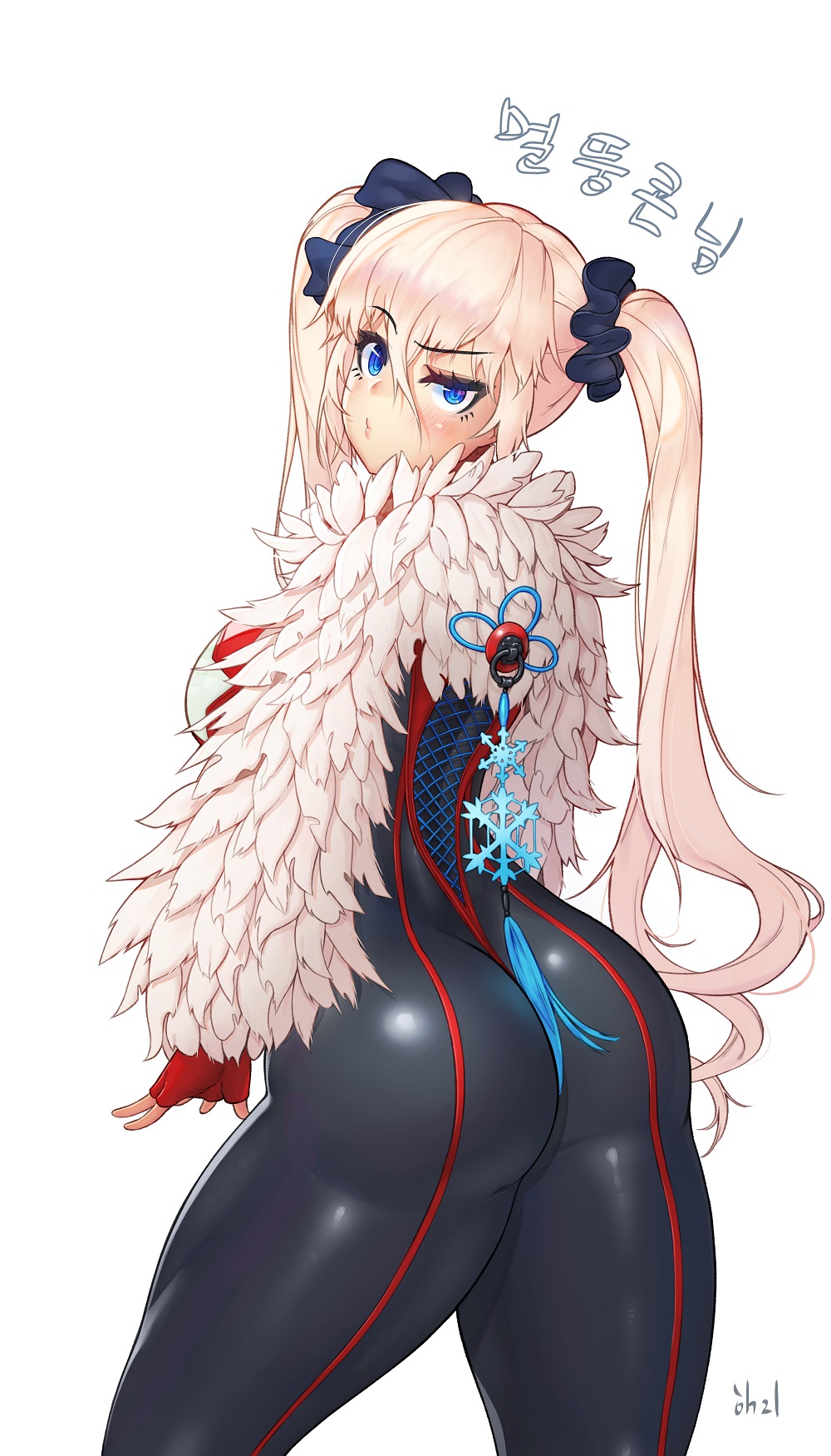 1girl artist_request ass blade_&amp;_soul blonde_hair blue_eyes blush bodysuit breasts fingerless_gloves from_behind gloves highres huge_ass jin_(blade_&amp;_soul) large_breasts long_hair looking_at_viewer original plump scrunchie shiny shiny_clothes shiny_hair sideboob skin_tight solo thick_thighs thighs translation_request twintails very_long_hair wide_hips