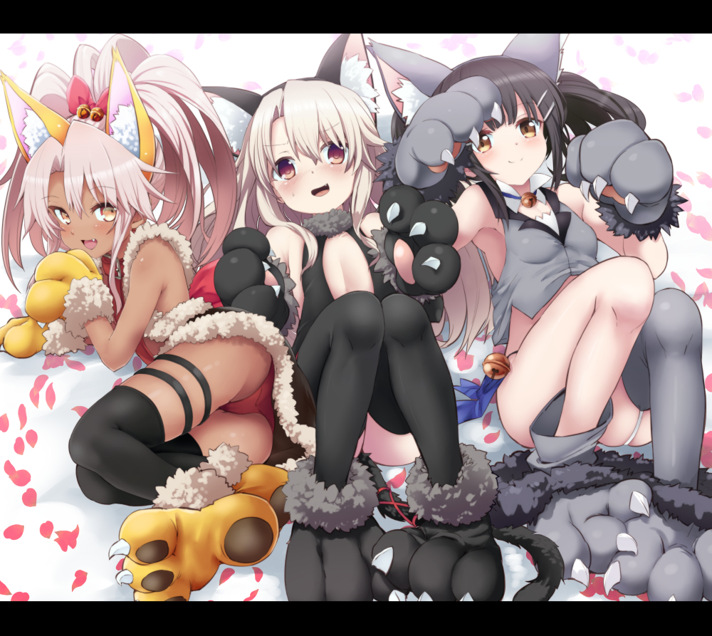 3girls :d animal_ear_fluff animal_ears armpit_crease ass asymmetrical_legwear bangs bare_shoulders bed_sheet bell black_gloves black_hairband black_legwear black_leotard black_skirt blush bow breasts brown_eyes brown_hair cat_ears cat_tail center_opening chloe_von_einzbern cleavage closed_mouth commentary_request dark_skin eyebrows_visible_through_hair fake_animal_ears fake_tail fang fate/kaleid_liner_prisma_illya fate_(series) flat_chest from_above full_body fur-trimmed_gloves fur-trimmed_skirt fur_collar fur_trim garter_straps gloves grey_legwear grey_vest hair_bell hair_between_eyes hair_bow hair_ornament hairband hairclip high_ponytail illyasviel_von_einzbern jingle_bell knees_up leotard letterboxed light_brown_hair long_hair looking_at_viewer lying miyu_edelfelt multiple_girls noa_(nagareboshi) nose_blush on_back on_side open_mouth panties paw_gloves paw_shoes paws petals ponytail red_bow red_eyes red_panties red_ribbon ribbon shoes single_thighhigh skindentation skirt smile tail tail_ribbon tareme thigh_ribbon thighhighs underwear v-shaped_eyebrows vest white_background yellow_gloves