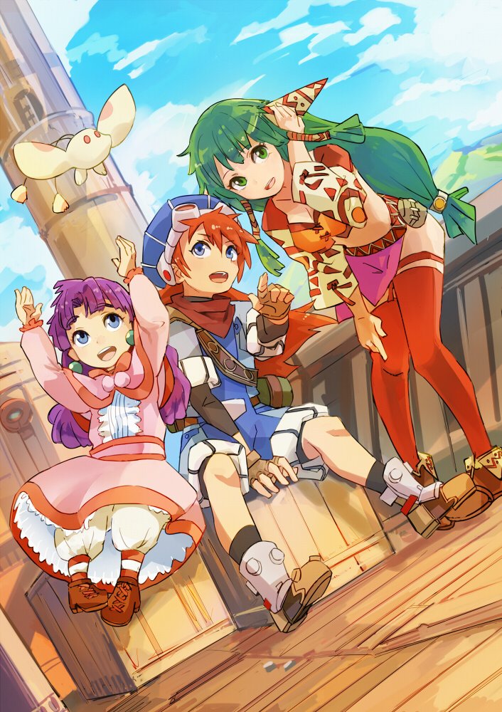 1boy 2girls blue_eyes boat breasts cleavage commentary_request dress earrings feena_(grandia) geetgeet grandia grandia_i green_eyes green_hair hair_ornament hair_tubes hat jewelry justin_(grandia) long_hair low-tied_long_hair midriff multiple_girls navel open_mouth purple_hair puui_(grandia) skirt smile sue_(grandia) thighhighs watercraft wide_sleeves