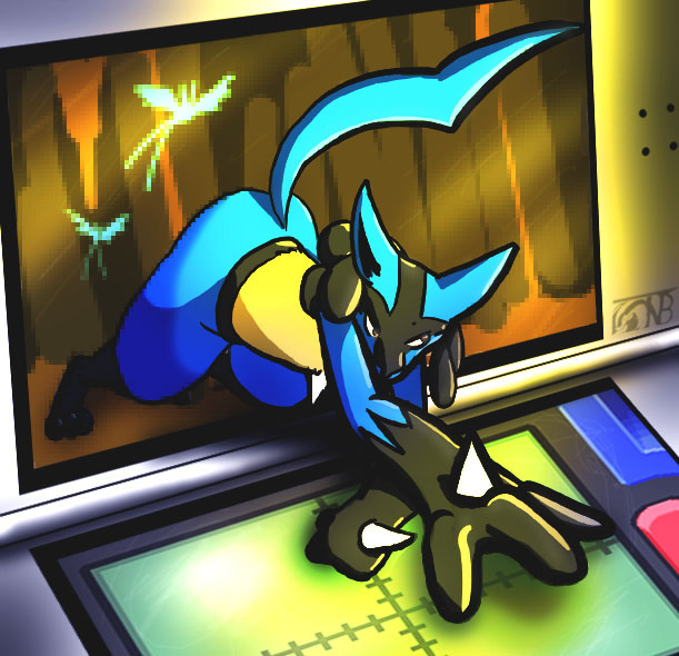 2007 3_fingers blue_fur digital_drawing_(artwork) digital_media_(artwork) fur gloves_(marking) kompy lucario markings nintendo nintendo_ds nintendo_ds_family pok&eacute;mon pok&eacute;mon_(species) solo_focus spikes video_games watermark yellow_fur zubat