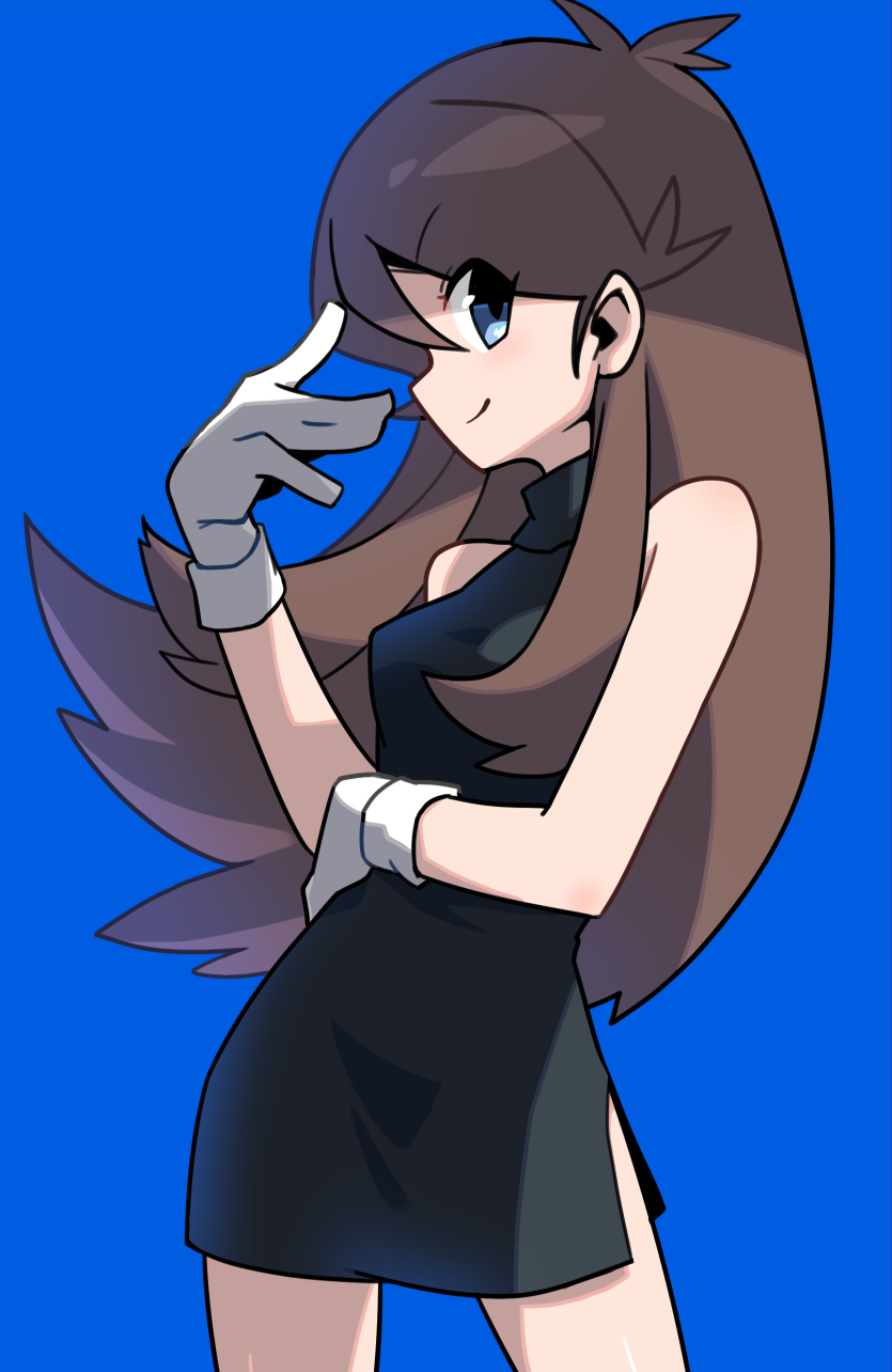 1girl arm_up bangs bare_shoulders black_dress blue_(pokemon) blue_background blue_eyes breasts brown_eyes brown_hair c closed_mouth commentary_request cowboy_shot creatures_(company) dress eyebrows eyebrows_visible_through_hair eyes_visible_through_hair game_freak gloves hair_between_eyes hand_on_own_stomach highres long_hair looking_at_viewer mei_mu nintendo no_hat no_headwear pokemon pokemon_special short_dress sidelocks simple_background sleeveless sleeveless_dress small_breasts smile solo standing very_long_hair white_gloves