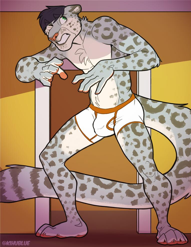 2019 4_toes 5_fingers anthro black_hair boxer_briefs briefs bulge chest_tuft claws clenched_teeth clothed clothing felid fur green_eyes grey_fur hair inside kihu leopard looking_up male mammal one_eye_closed pantherine pawpads penis_outline pink_nose pink_pawpads solo spots spotted_fur tall teeth toes tuft underwear underwear_only watermark white_fur white_underwear