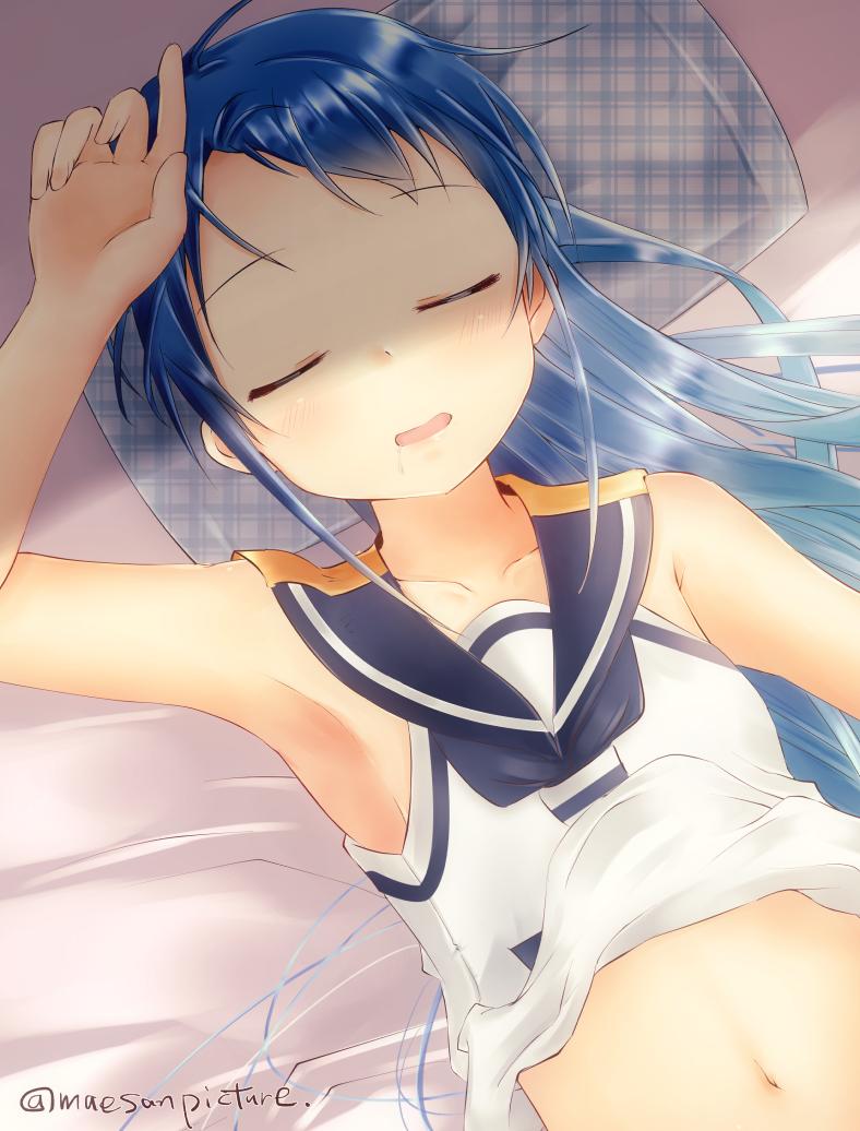 1girl armpits artist_name bangs bare_arms bare_shoulders bed bed_sheet blue_eyes blue_hair blue_neckwear collarbone commentary_request drooling eyes_closed flat_chest hand_on_own_head kantai_collection long_hair lying mae_(maesanpicture) messy_hair navel neckerchief on_back open_mouth pillow sailor_collar samidare_(kantai_collection) shiny shiny_hair sidelocks sleeping sleeveless solo swept_bangs very_long_hair white_serafuku