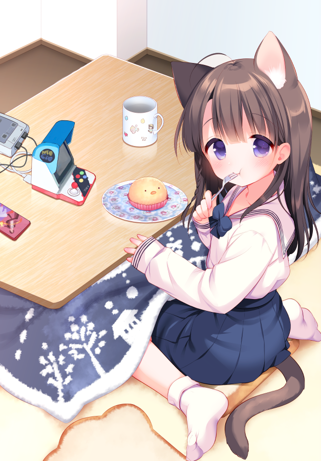 1girl :t ahoge animal_ear_fluff animal_ears bangs blue_bow blue_skirt blush bobby_socks bow brown_hair cat_ears cat_girl cat_tail cellphone closed_mouth commentary_request cup extra_ears eyebrows_visible_through_hair food fork hair_between_eyes holding holding_fork indoors kotatsu long_hair long_sleeves looking_at_viewer looking_to_the_side mug no_shoes original phone piyodera_mucha plate pleated_skirt purple_eyes sailor_collar school_uniform serafuku shirt sitting skirt sleeves_past_wrists socks soles solo table tail wariza white_legwear white_sailor_collar white_shirt