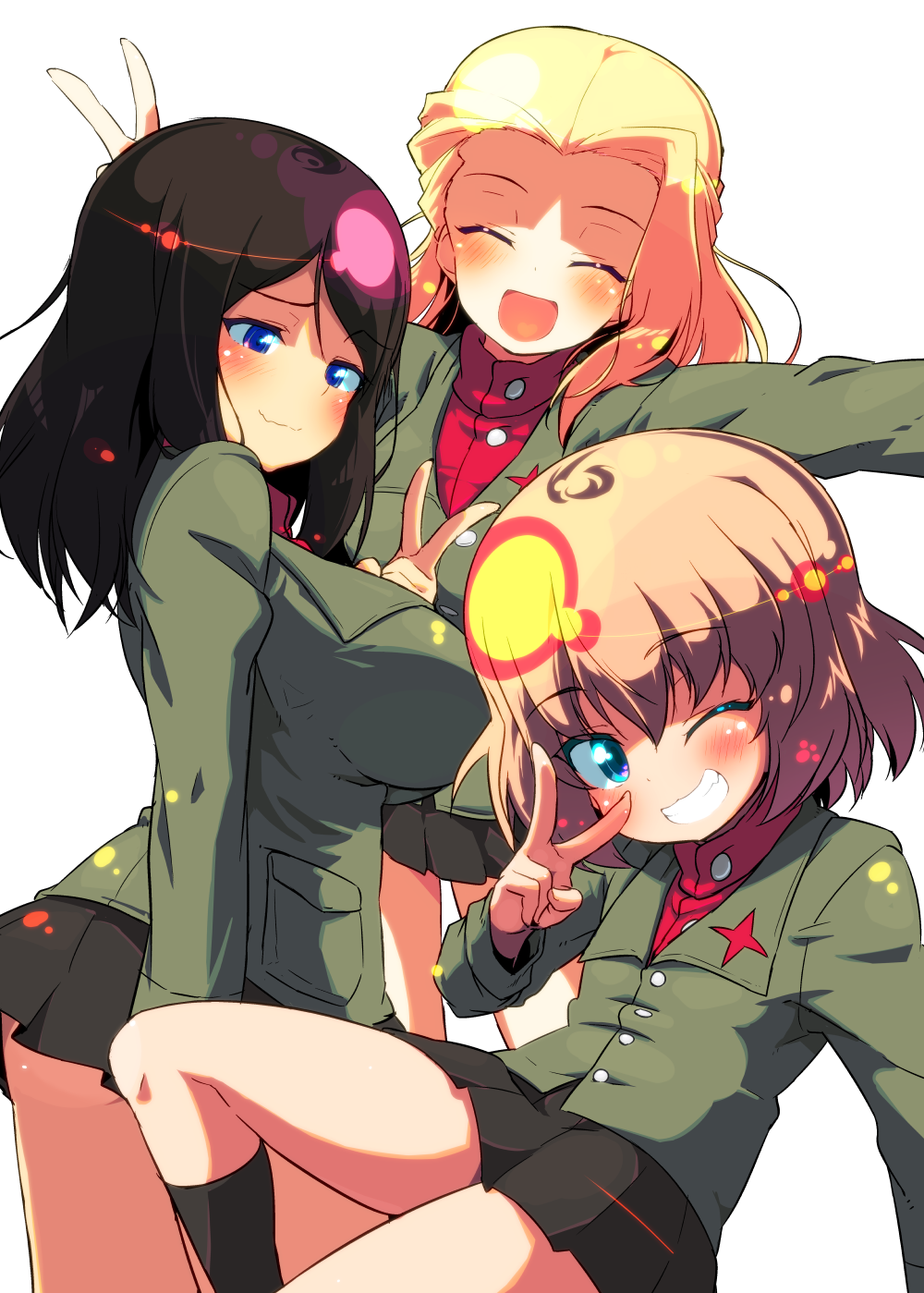 3girls :d bangs black_hair black_legwear black_skirt blonde_hair blue_eyes blush breasts clara_(girls_und_panzer) closed_mouth commentary emblem eyebrows_visible_through_hair eyes_closed girls_und_panzer green_jacket grin highres jacket katyusha large_breasts long_hair long_sleeves looking_at_another looking_at_viewer miniskirt multiple_girls open_mouth outstretched_arms pleated_skirt pravda_school_uniform red_shirt school_uniform sharp_teeth shirt short_hair simple_background skirt smile socks spread_arms standing sw swept_bangs symbol_commentary teeth thighs turtleneck v wavy_mouth white_background