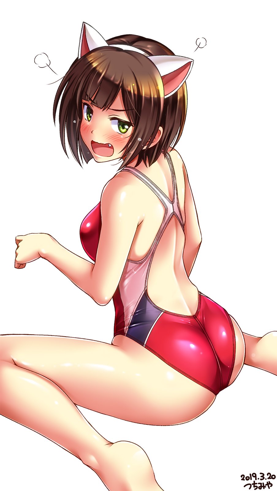 1girl =3 angry animal_ears barefoot brown_hair cat_ears commentary_request competition_swimsuit fake_animal_ears fang from_behind green_eyes highres idolmaster idolmaster_cinderella_girls looking_at_viewer maekawa_miku one-piece_swimsuit open_mouth paw_pose red_swimsuit short_hair simple_background sitting solo swimsuit tsuchimiya wariza wavy_mouth white_background