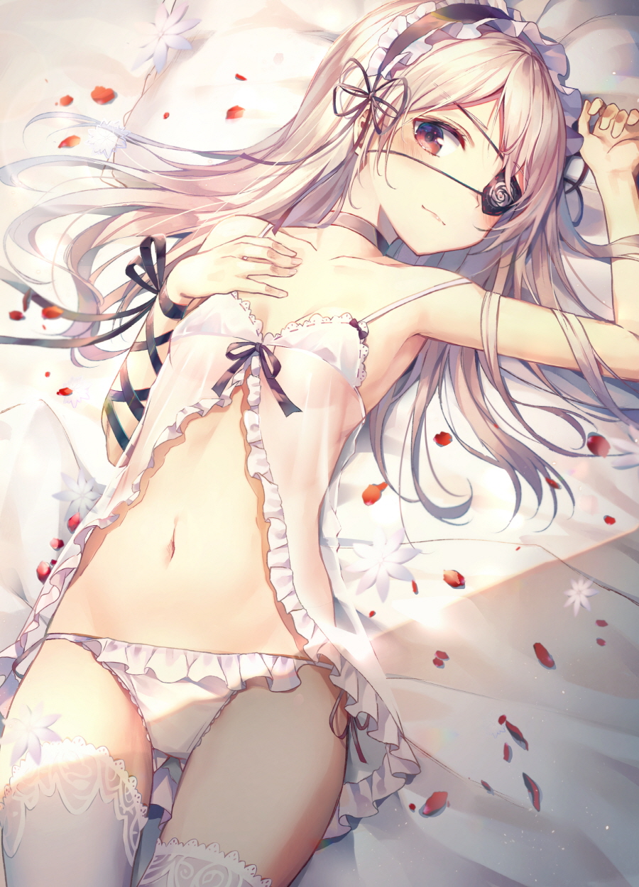 1girl :3 armpits ass_visible_through_thighs babydoll bare_arms bare_shoulders bed_sheet black_choker black_ribbon breasts choker closed_mouth collarbone commentary_request cowboy_shot eyepatch floral_print flower frills groin hair_spread_out hand_on_own_chest hand_up headdress highres huwali_(dnwls3010) lace lace-trimmed_legwear lace_trim light light_particles lingerie long_hair looking_at_viewer lying navel on_back original panties petals pillow red_eyes ribbon rose_print see-through shade side-tie_panties silver_hair small_breasts solo spaghetti_strap stomach thighhighs underwear white_flower white_legwear white_panties wrist_ribbon