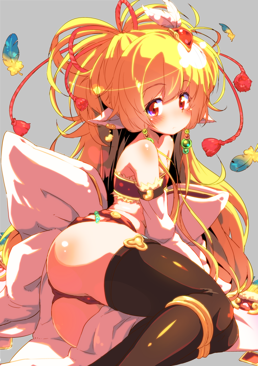 1girl animal_ears ass bandeau bare_shoulders black_legwear blonde_hair blush bow closed_mouth commentary detached_sleeves earrings feathers frown granblue_fantasy grey_background hair_bobbles hair_ornament harvin highres jewelry large_bow legs long_hair looking_at_viewer looking_back lying mahira_(granblue_fantasy) on_side panties red_eyes red_panties solo sw thighhighs underwear very_long_hair