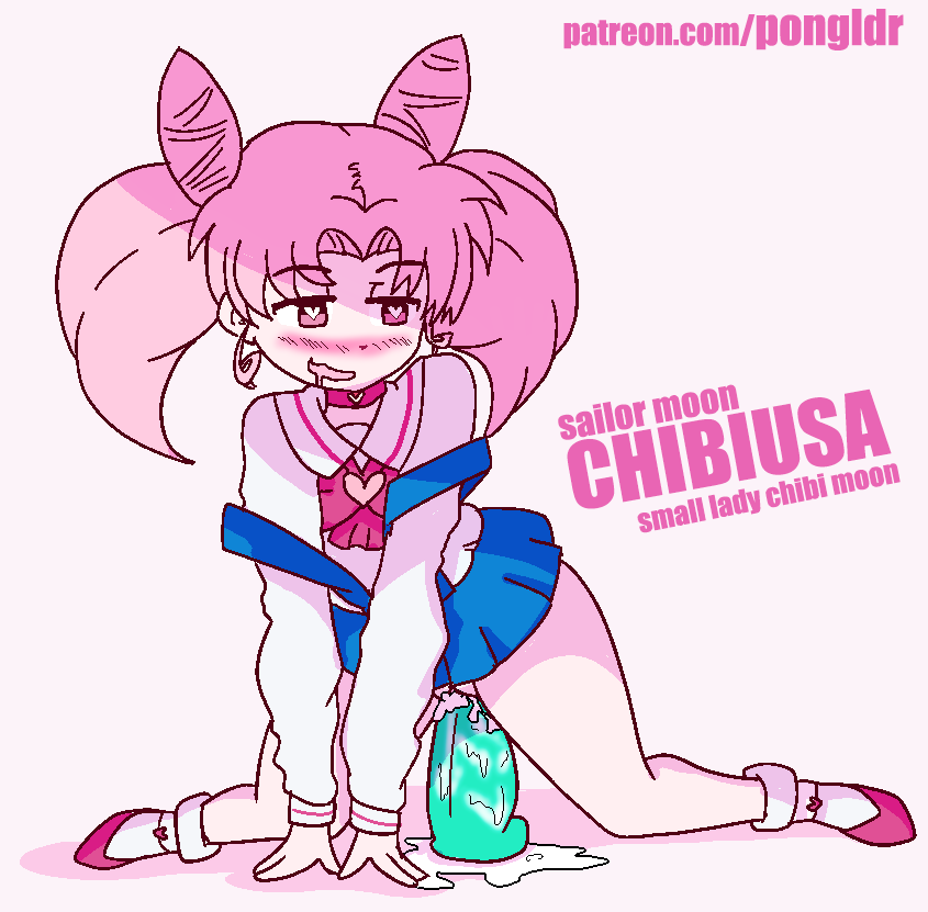 1girl aliasing all_fours artist_name bangs bishoujo_senshi_sailor_moon blue_skirt blush character_name chibi_usa choker copyright_name dildo drooling english_text eyebrows_visible_through_hair female flat_chest full_body half-closed_eyes happy heart heart-shaped_pupils long_sleeves masturbation matching_hair/eyes miniskirt no_panties nose_blush object_insertion open_mouth patreon_username pink_background pink_choker pink_eyes pink_footwear pink_hair pink_neckwear pleated_skirt pongldr pussy pussy_juice shirt shoes simple_background skirt smile socks solo symbol-shaped_pupils tied_hair twintails uncensored vaginal vaginal_object_insertion watermark web_address white_legwear white_shirt