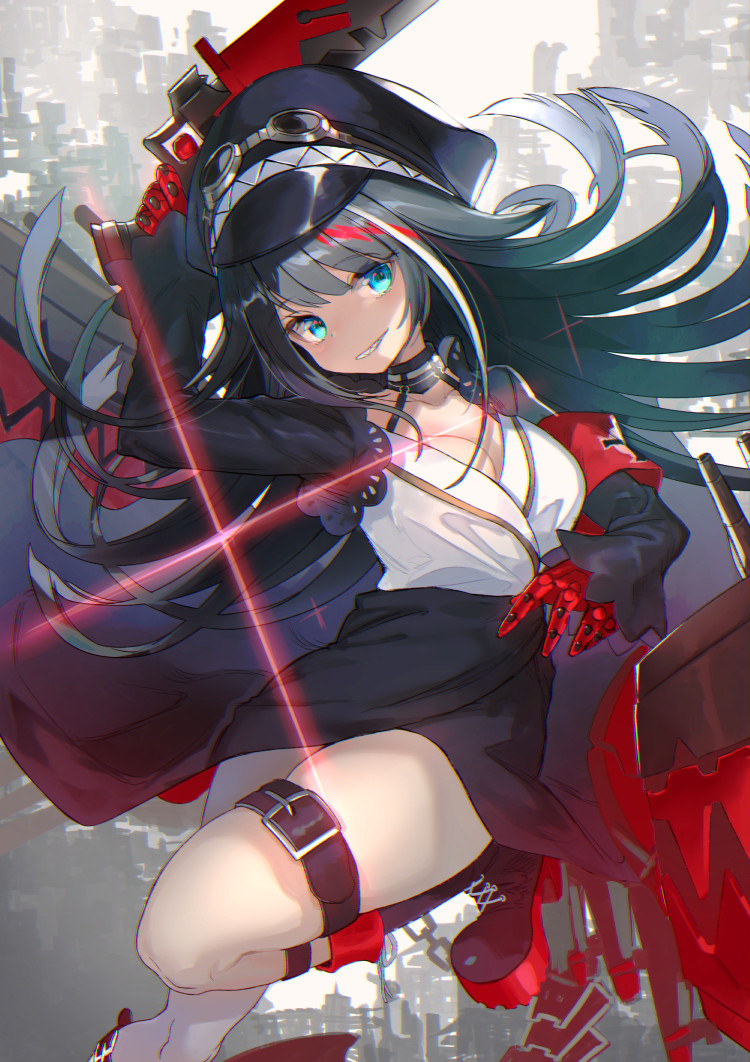 1girl armband azur_lane bangs black_hair black_skirt blue_eyes boots breasts choker commentary_request deutschland_(azur_lane) diffraction_spikes gloves glowing glowing_eyes goggles goggles_on_headwear hat hayama_eishi iron_cross long_hair long_sleeves medium_breasts multicolored_hair peaked_cap red_gloves shrug skirt solo streaked_hair sword thigh_strap weapon