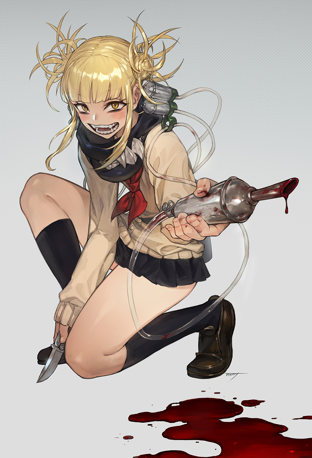 1girl bangs blonde_hair blood bloody_hands blush boku_no_hero_academia grey_background highres holding holding_weapon kneehighs knife na_in-sung open_mouth sharp_teeth short_hair signature simple_background skirt smile solo syringe teeth toga_himiko tube weapon yellow_eyes