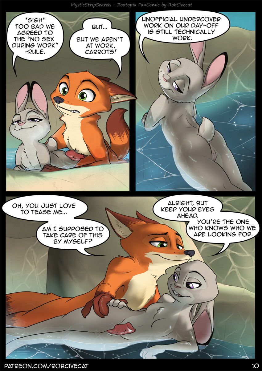2019 anthro breasts butt canid canine comic disney english_text erection female fox judy_hopps lagomorph male mammal nick_wilde nude penis pussy rabbit robcivecat sex small_breasts text thigh_sex water wet zootopia