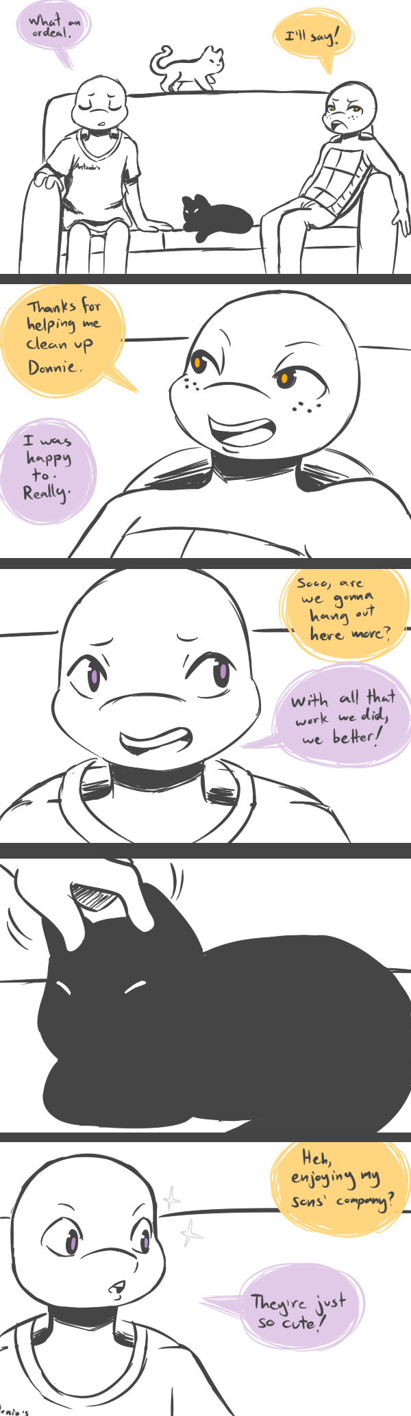 2019 anthro clothed clothing comic dialogue domestic_cat donatello_(tmnt) english_text felid feline felis feral freckles group hi_res inkyfrog male mammal michelangelo_(tmnt) open_mouth open_smile orange_eyes partially_colored petting purple_eyes reptile scalie shell simple_background sitting smile speech_bubble teenage_mutant_ninja_turtles text topless turtle white_background
