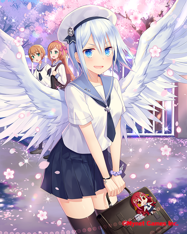 3girls angel_wings black_legwear black_neckwear black_skirt blue_eyes blush bracelet breasts briefcase brown_hair cherry_blossoms company_name cross day eyebrows_visible_through_hair falkyrie_no_monshou green_eyes hair_ornament hat holding_briefcase jewelry long_hair looking_at_another looking_at_viewer medium_breasts multiple_girls natsumekinoko necktie nervous_smile official_art open_mouth outdoors railing sailor_collar sailor_hat short_hair short_sleeves skirt smile thighhighs tree uniform white_hair white_hat wings x_hair_ornament