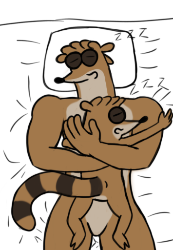 &lt;3 bed cartoon_network don_(regular_show) hug male male/male mammal nude procyonid raccoon regular_show rigby_(regular_show) sleeping sound_effects zzz
